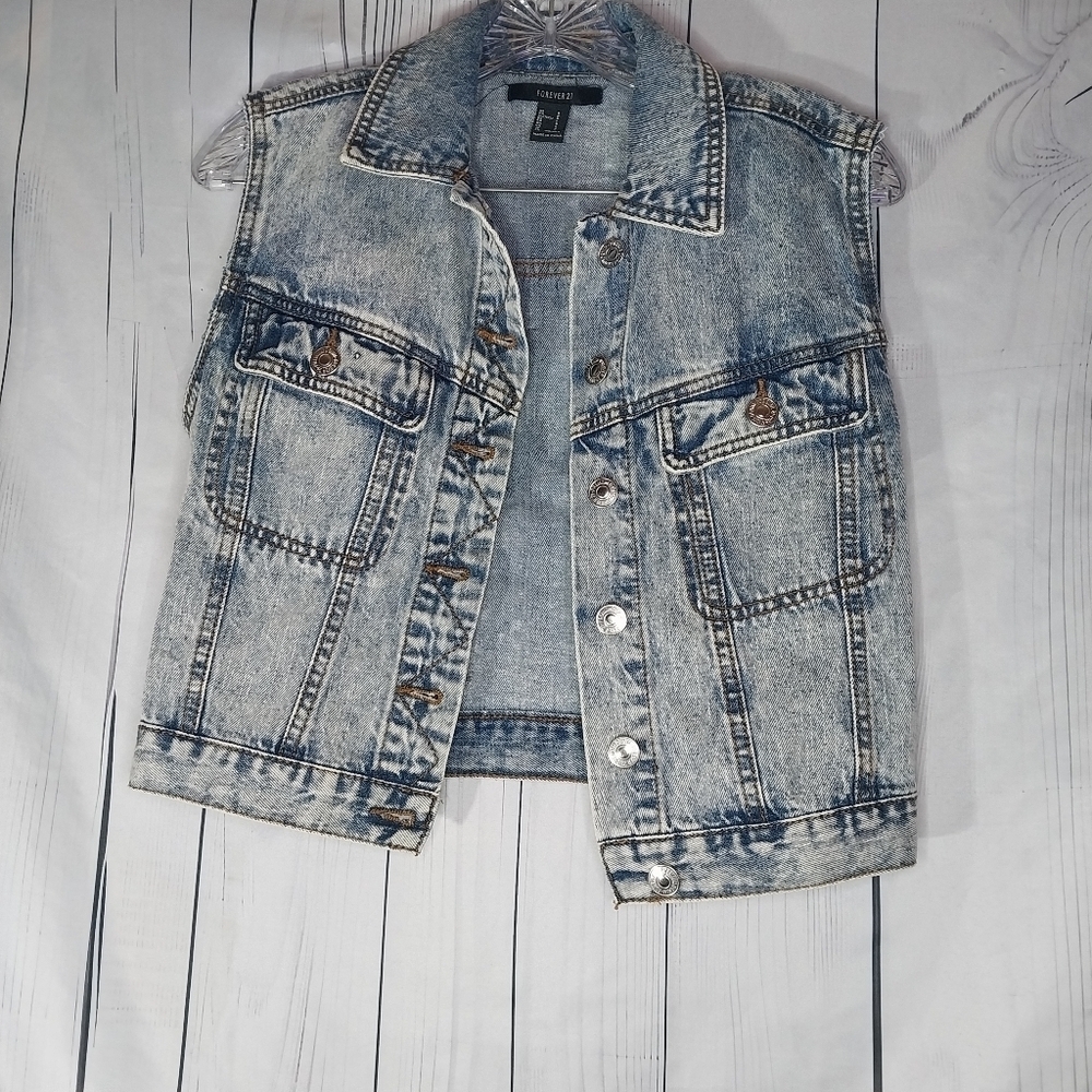 Forever 21 Denim Sleeveless Upcycled Alien Painted Festival Alternative Vest